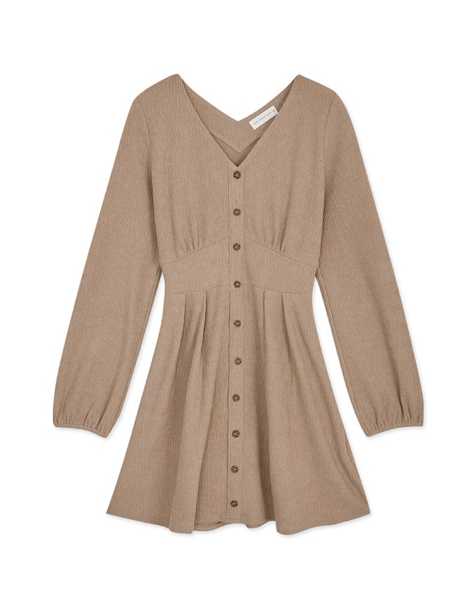 V Neck Textured Buttoned Mini Dress