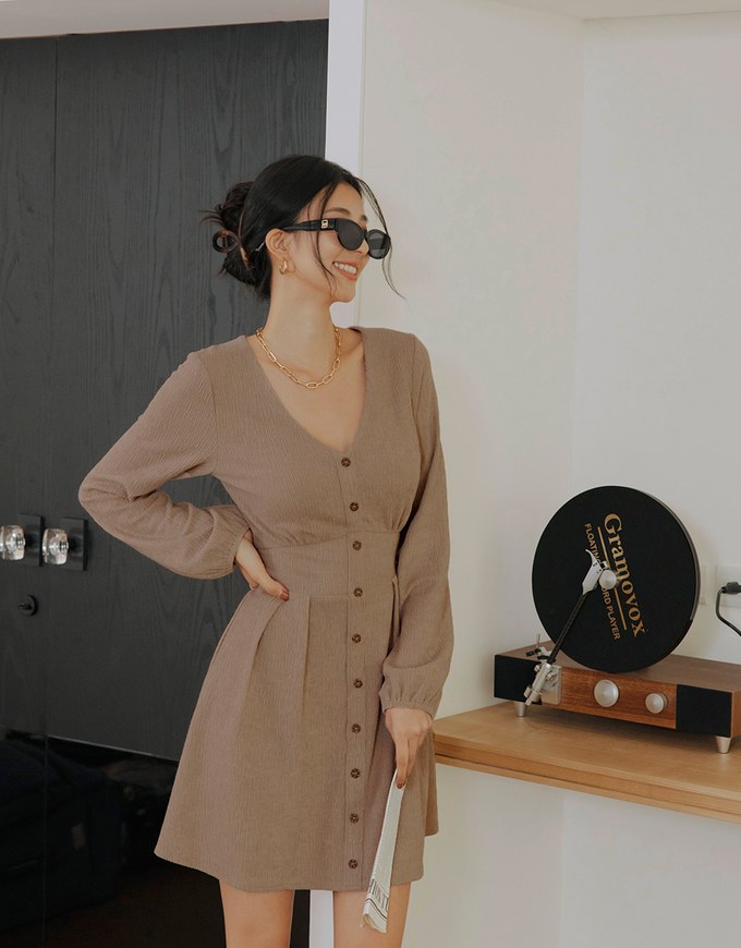 V Neck Textured Buttoned Mini Dress