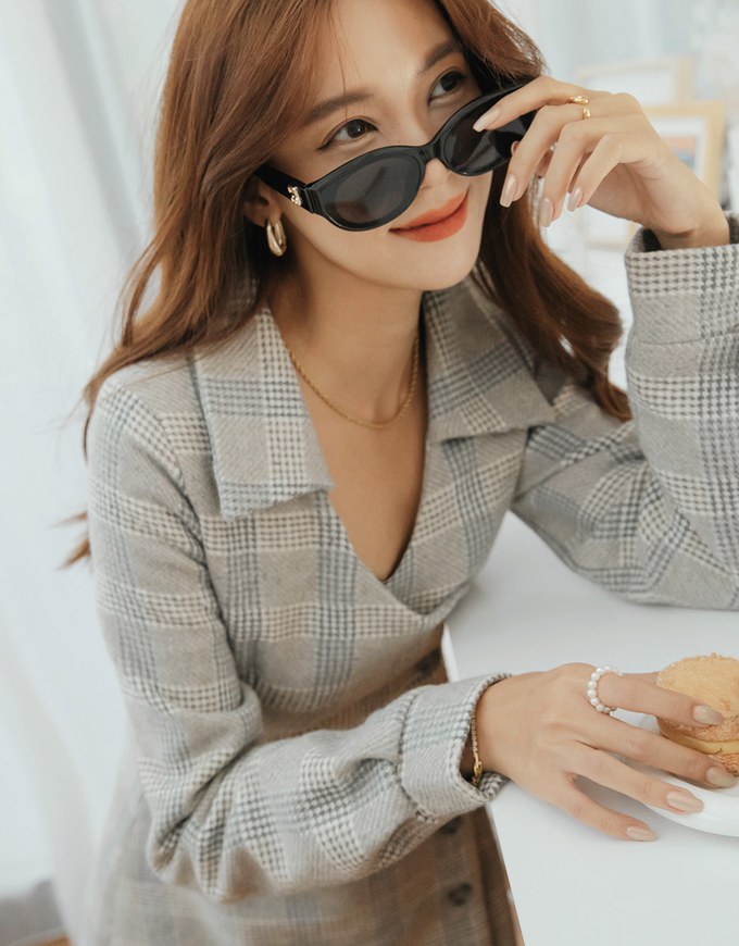 Checkered Lapel Diagonal Button Suit Dress