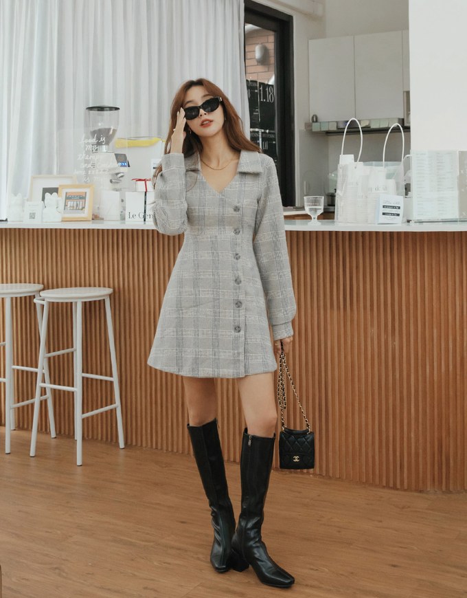 Checkered Lapel Diagonal Button Suit Dress