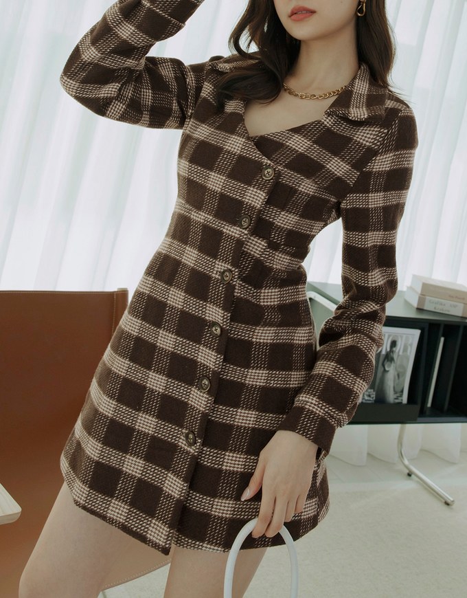 Checkered Lapel Diagonal Button Suit Dress