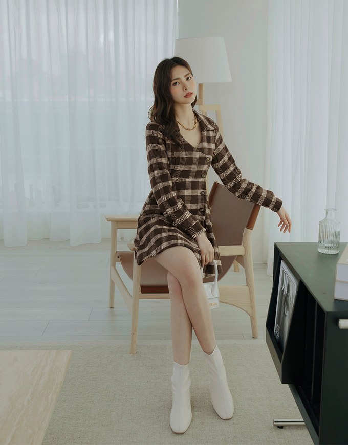 Checkered Lapel Diagonal Button Suit Dress