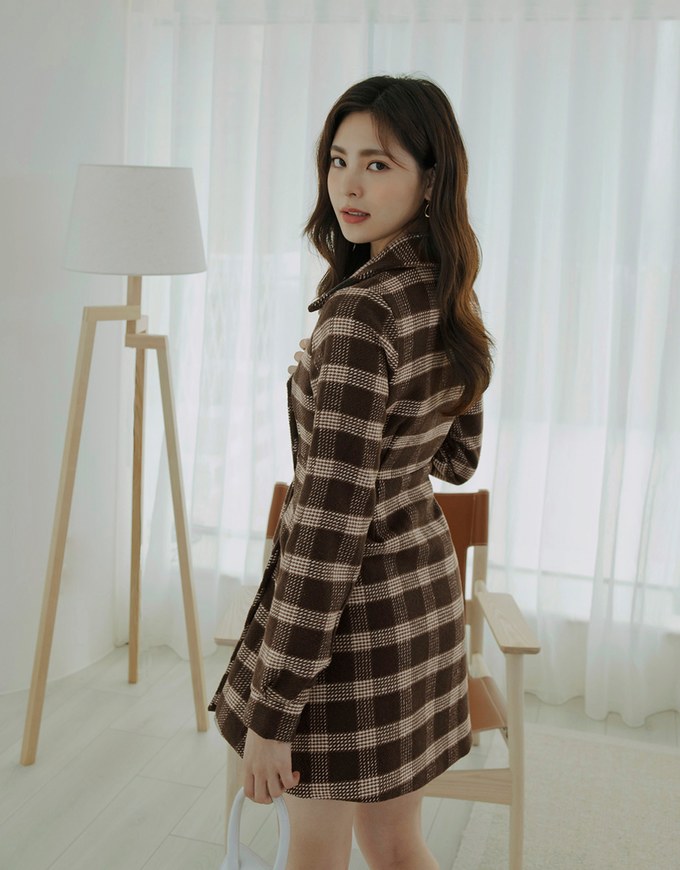 Checkered Lapel Diagonal Button Suit Dress