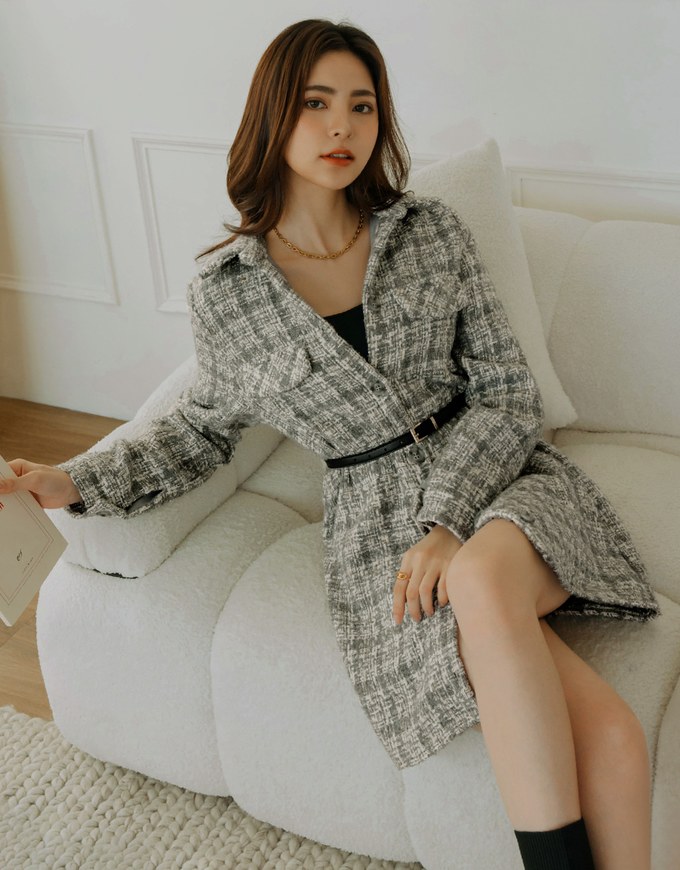 Tweed Lapel Buttoned Mini Dress (With Belt)