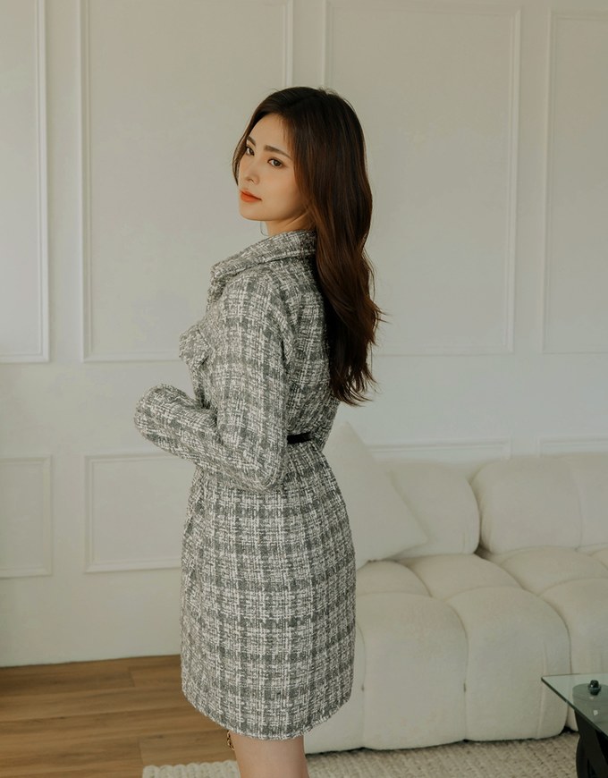 Tweed Lapel Buttoned Mini Dress (With Belt)
