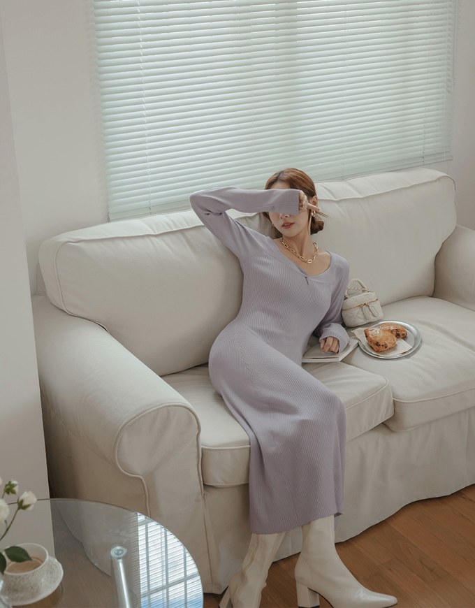 V Neck Slit Knit Maxi Dress