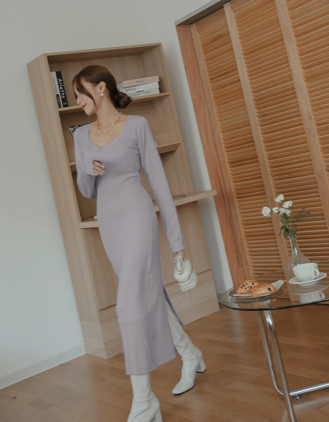 V Neck Slit Knit Maxi Dress