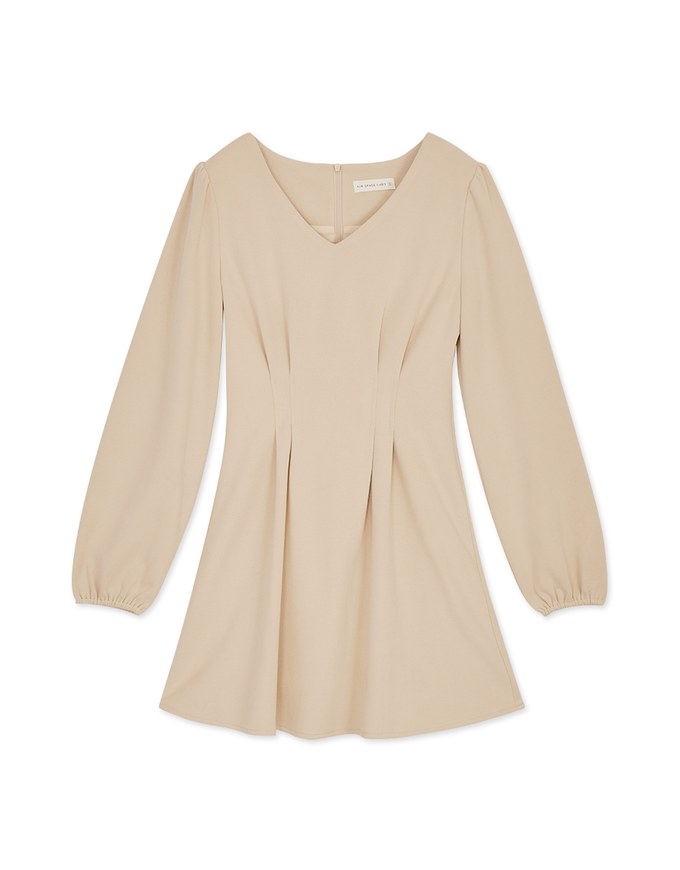 V Neck Pleated Puff Sleeve Flare Dress