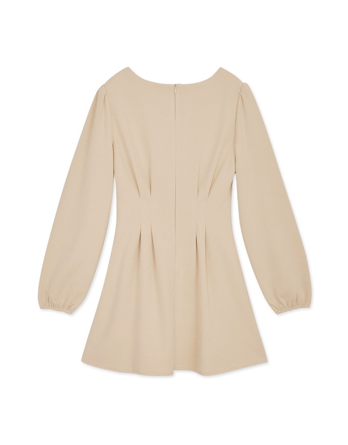V Neck Pleated Puff Sleeve Flare Dress