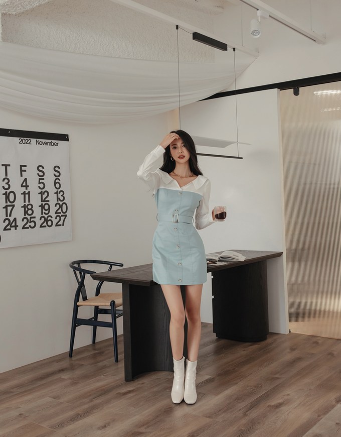 Button-Down Blouse Shirt s Mini Dress (With Belt)
