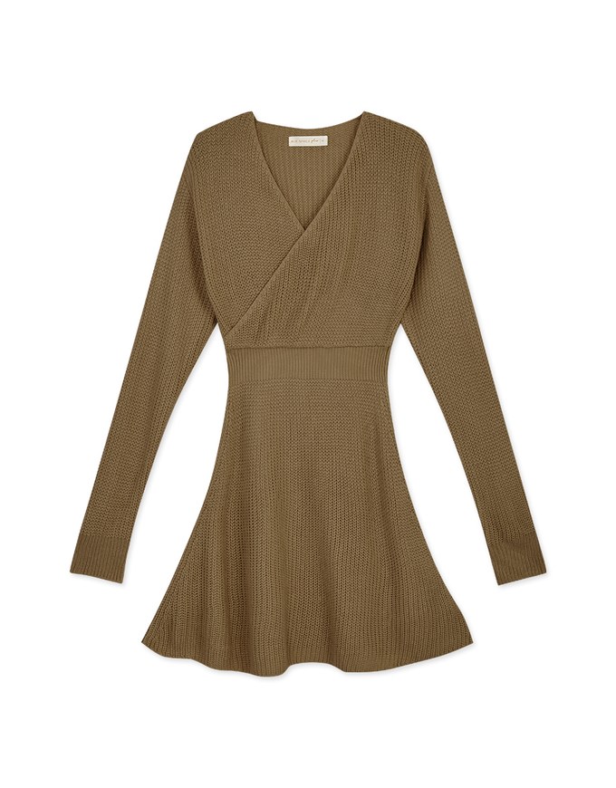 Overlapped V Neck Loose Knit Mini Dress