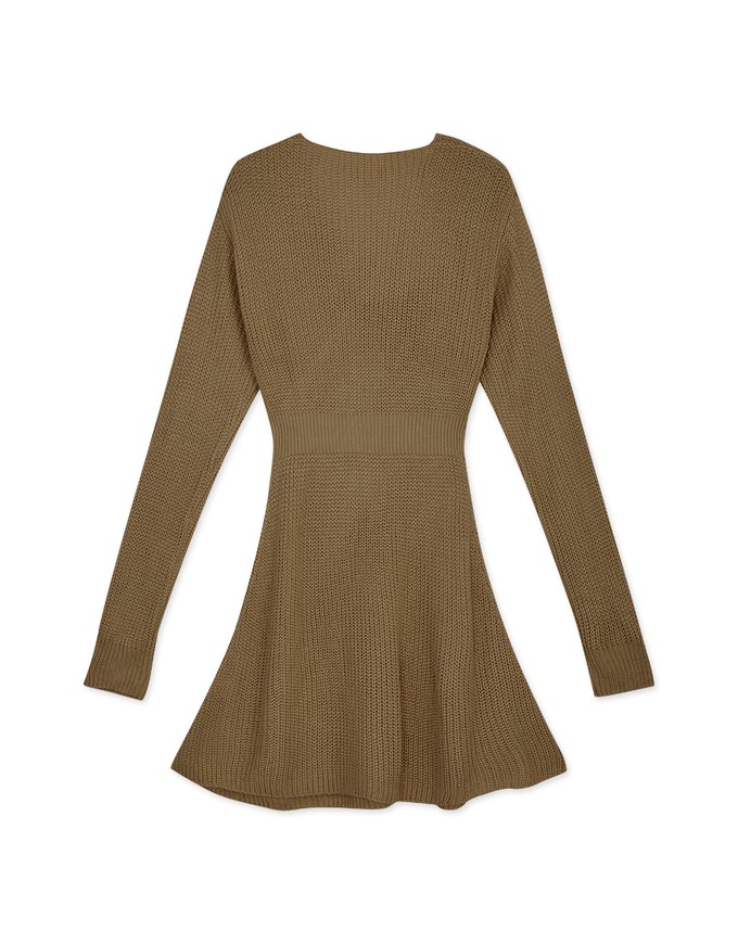 Overlapped V Neck Loose Knit Mini Dress