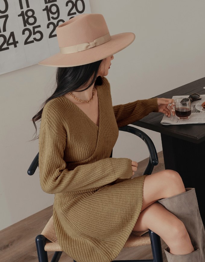 Overlapped V Neck Loose Knit Mini Dress
