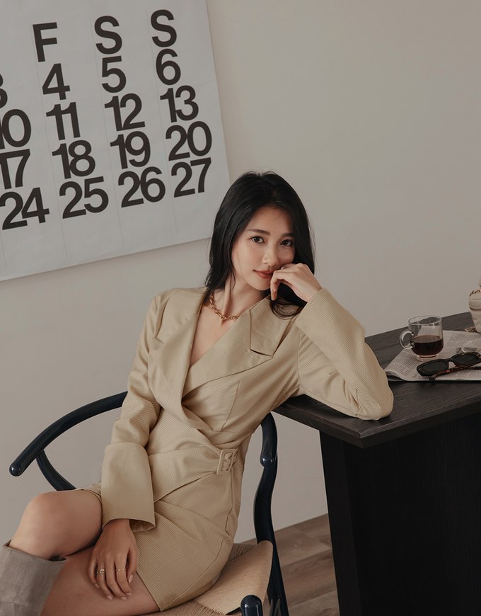 Houndstooth Overlap Side Belt Shirt Mini Dress