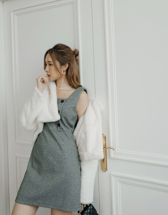 Side Button Style Wide Shoulder Cami Mini Dress