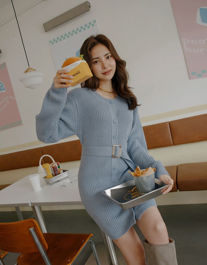 Round Neck Belted Knit Mini Dress (With Shoulder Pads)