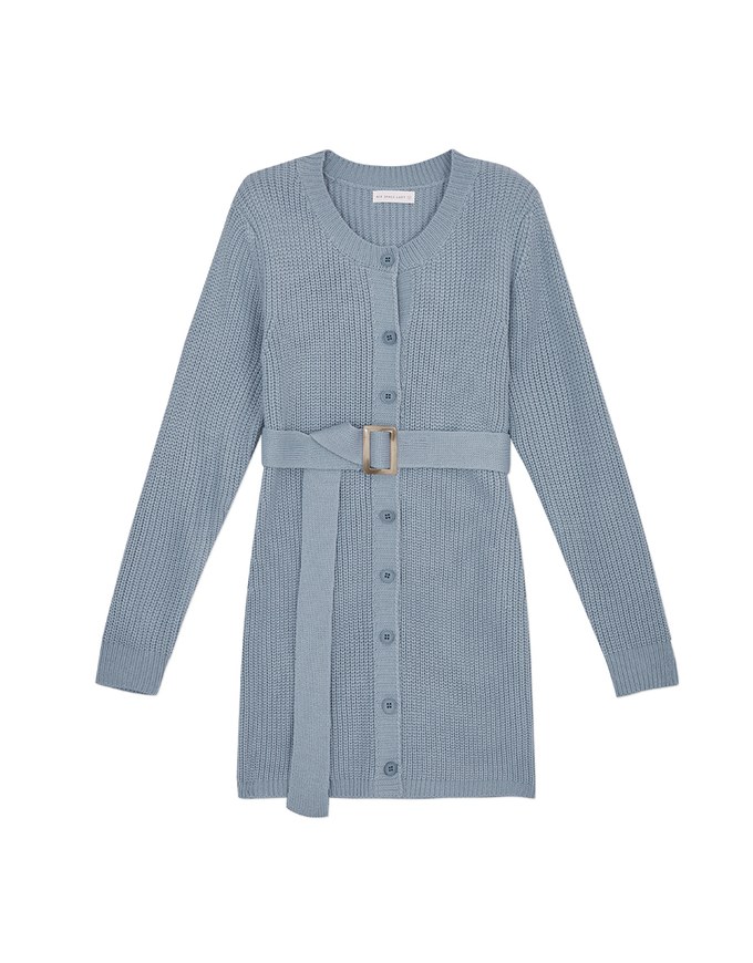 Round Neck Belted Knit Mini Dress (With Shoulder Pads)