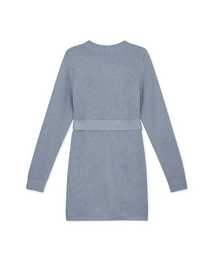 Round Neck Belted Knit Mini Dress (With Shoulder Pads)