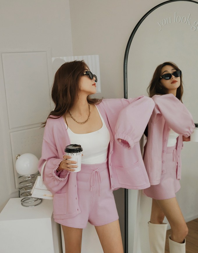 Laidback V Neck Loose Knit Short Set