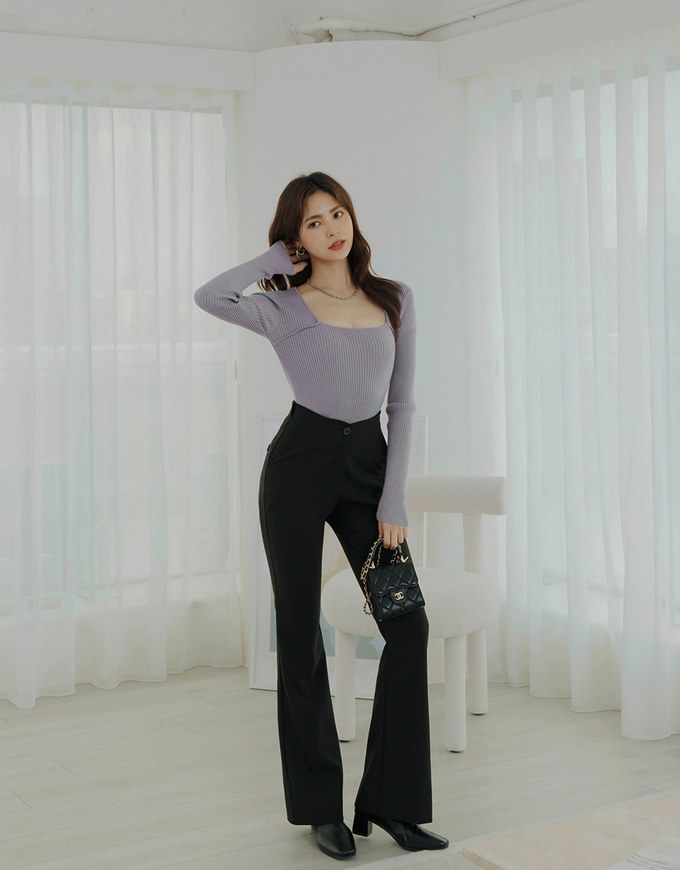 Square Neck Long Sleeve Knit Fit Top
