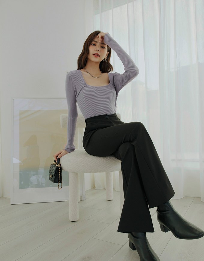 Square Neck Long Sleeve Knit Fit Top
