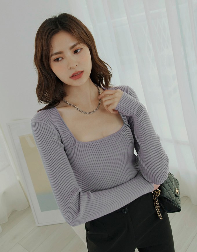 Square Neck Long Sleeve Knit Fit Top