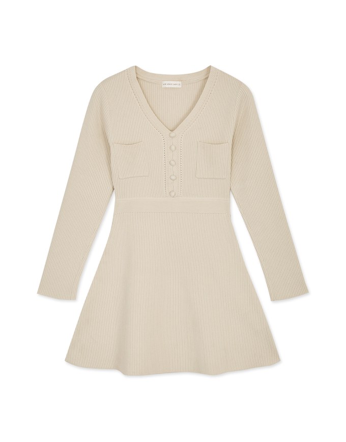 V Neck Buttoned Pocket Knit Mini Dress