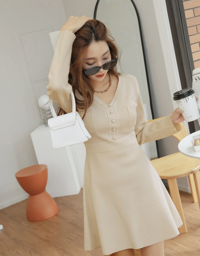 V Neck Buttoned Pocket Knit Mini Dress