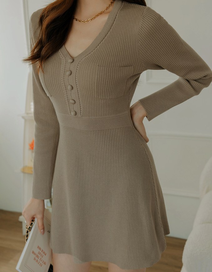 V Neck Buttoned Pocket Knit Mini Dress