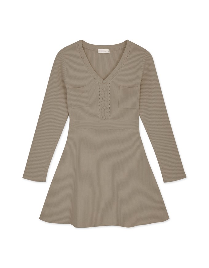 V Neck Buttoned Pocket Knit Mini Dress