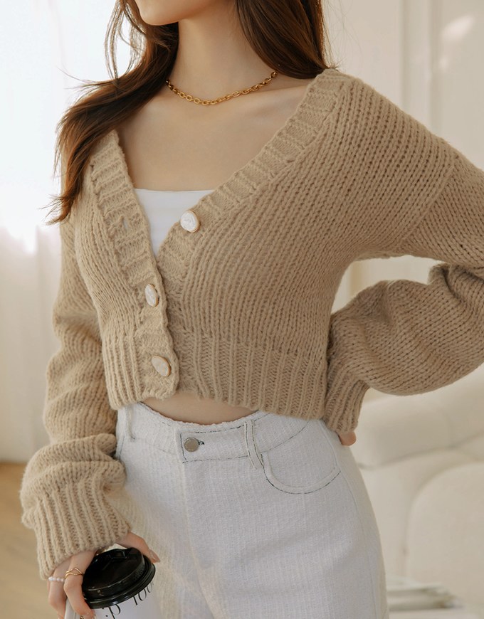 V Neck Button Up Loose Knit Crop Top