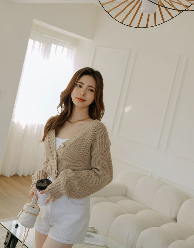 V Neck Button Up Loose Knit Crop Top