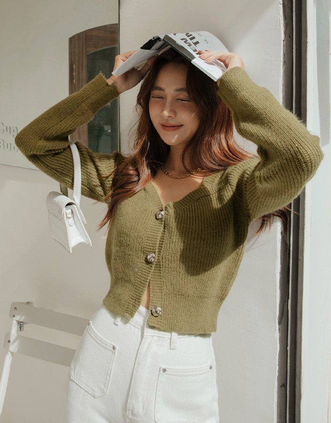 V Neck Buttoned Wool Knit Top