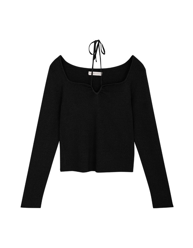 Small V Neck Tie Knit Long Sleeve Top