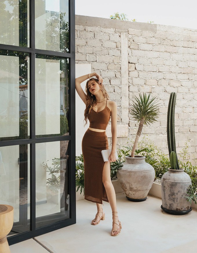 Cutout Textured Bodycon Slit Skirt