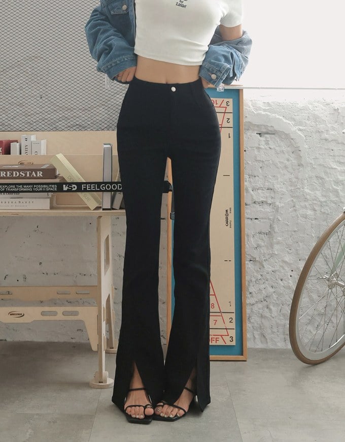 Slim Long Front Slit Flared Jeans