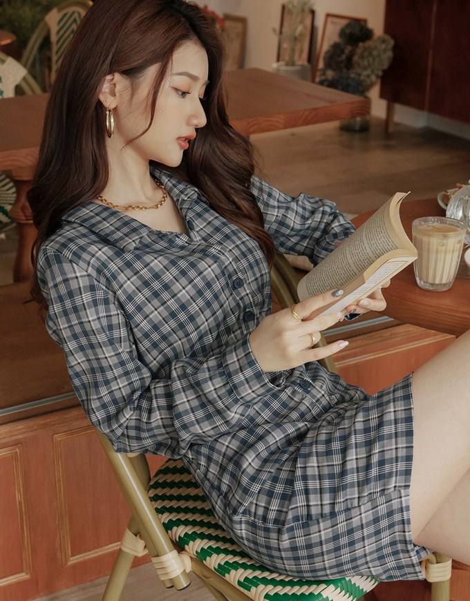 Lapel-Collar Checked Cropped Button-Up Mini Dress