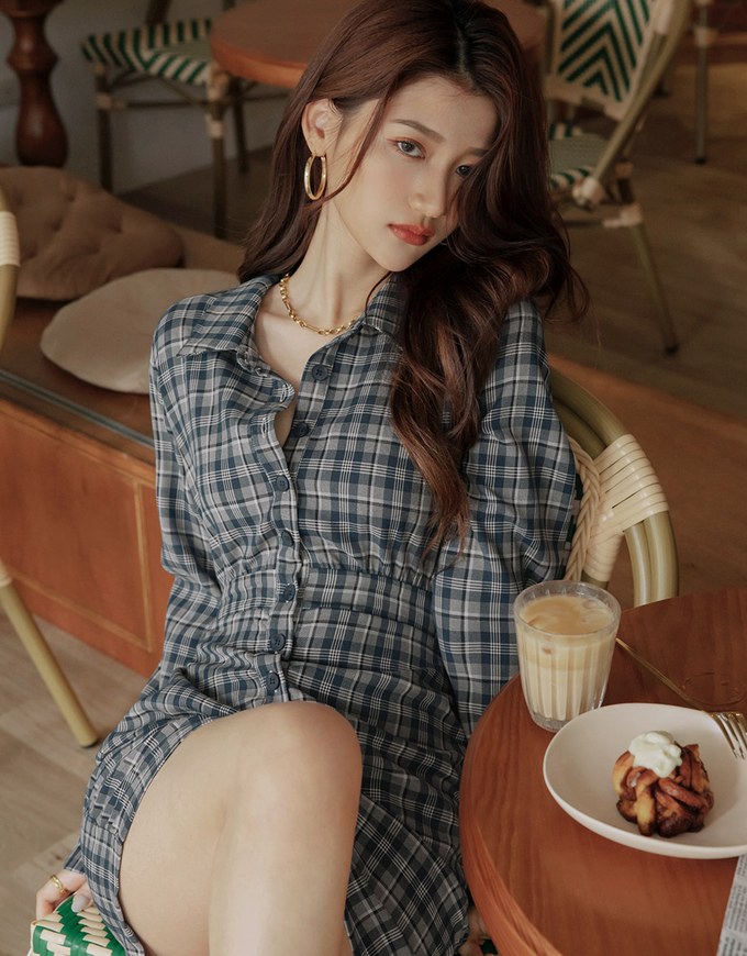 Lapel-Collar Checked Cropped Button-Up Mini Dress