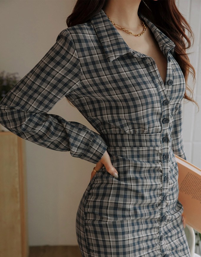 Lapel-Collar Checked Cropped Button-Up Mini Dress