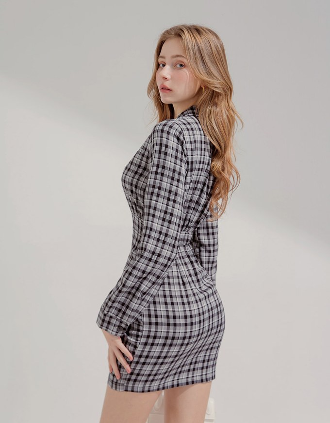 Lapel-Collar Checked Cropped Button-Up Mini Dress