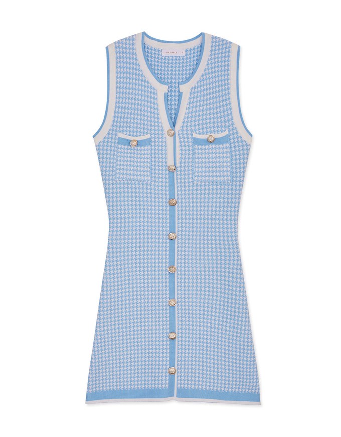 Houndstooth Contrast Gold Buckle Mini Dress