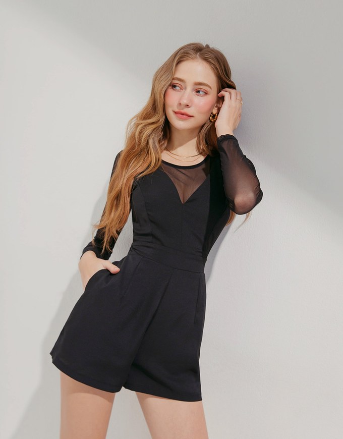 Fake Two-Piece Translucent Suspender Jumpsuit
