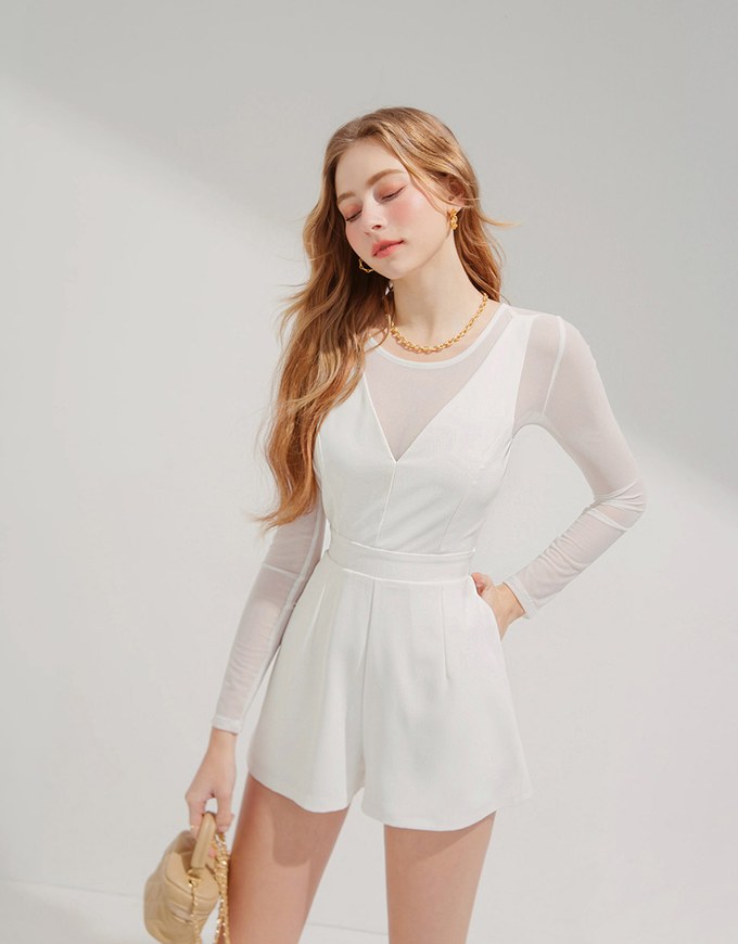 Fake Two-Piece Translucent Suspender Jumpsuit