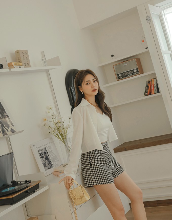 Button Up Two Piece Crop Blouse Shirt (With Padding)