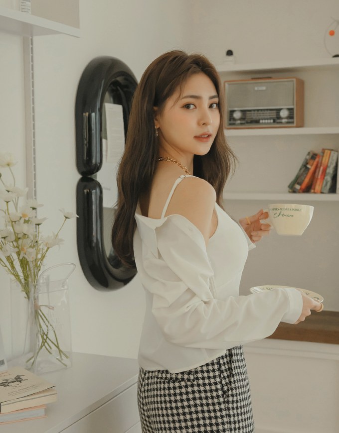 Button Up Two Piece Crop Blouse Shirt (With Padding)