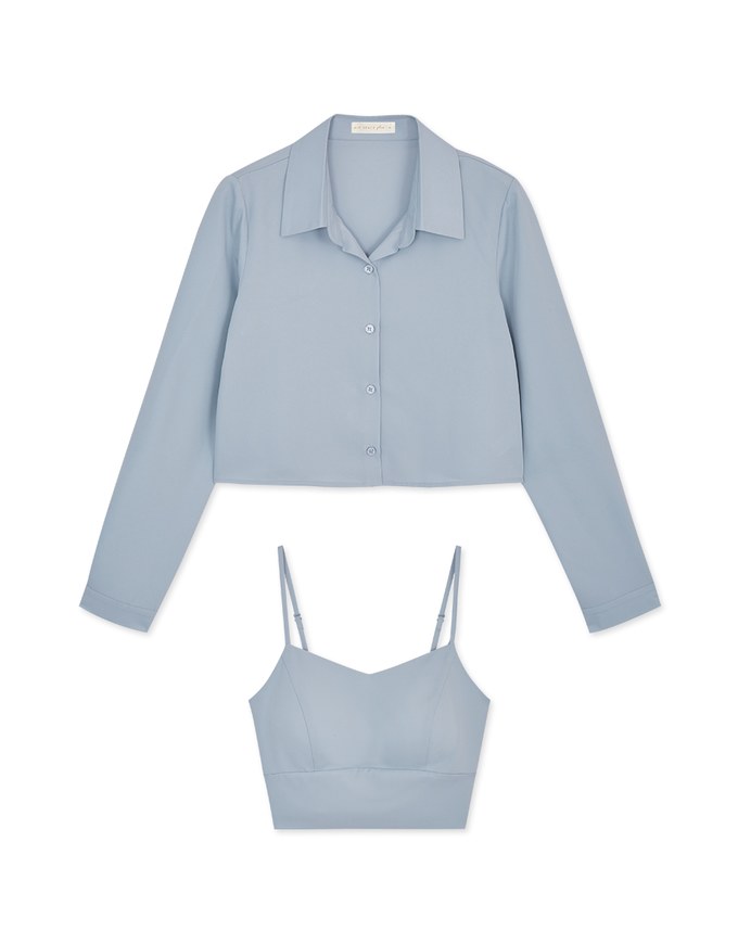 Button Up Two Piece Crop Blouse Shirt (With Padding)