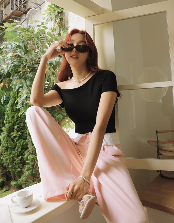 Sloping Shoulder Silky Crop Top