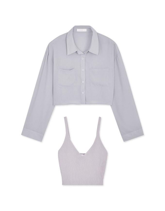 Two-Piece Sheer Crop Button-Up Blouse Shirt