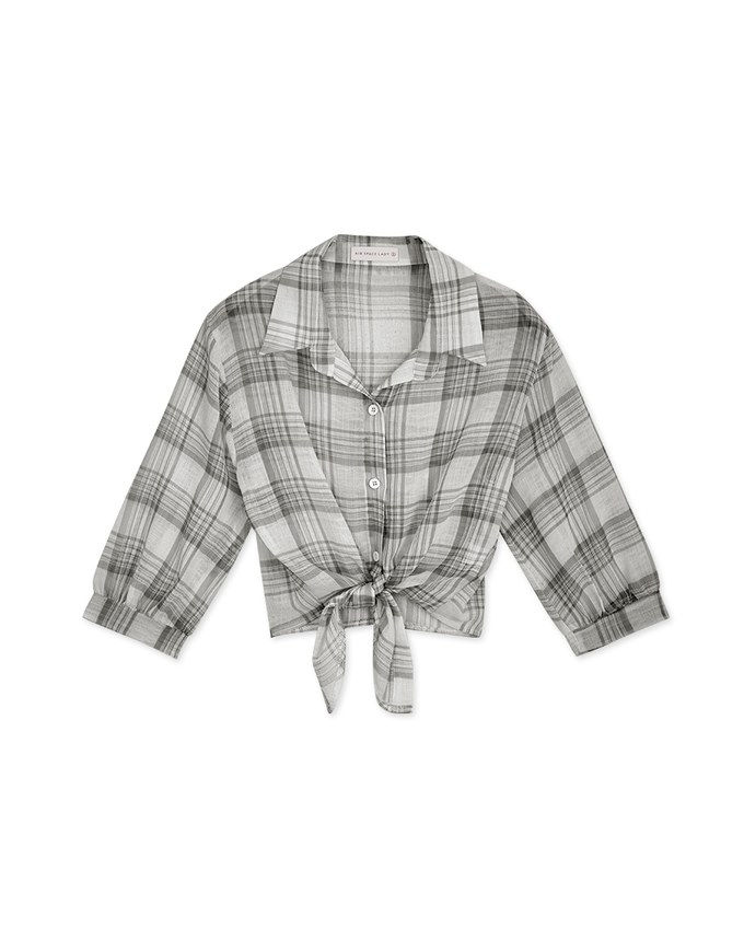 Sheer Tie Ribbon Checkered Blouse Shirt