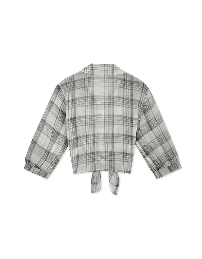 Sheer Tie Ribbon Checkered Blouse Shirt